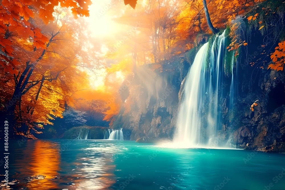 Waterfall in autumn forest with sunrise. Beautiful nature. Fall season concept. Design for wallpaper, banner, backdrop. Waterfall in autumn forest with sunrise. Beautiful nature. Fall season concept. Design for wallpaper, banner, backdrop.