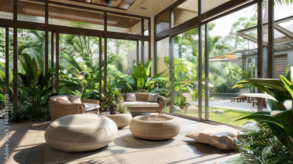 Fototapeta premium A modern conservatory with large glass walls, rattan furniture, and an abundance of lush green plants, creating a peaceful retreat.