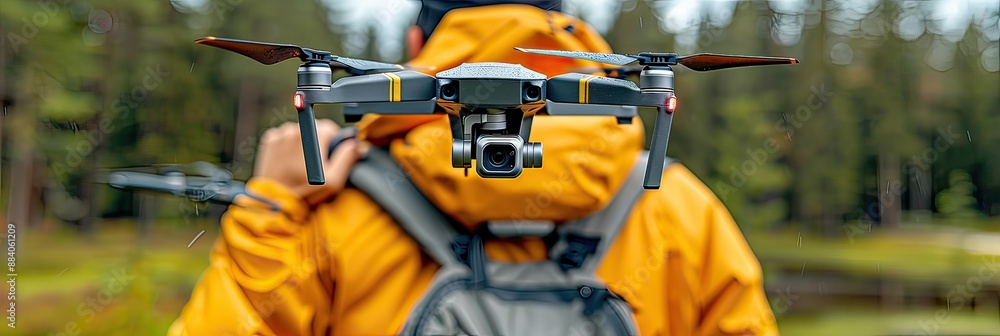 Man in yellow jacket holding drone over shoulder with bicycle handlebar Man in yellow jacket holding drone over shoulder with bicycle handlebar