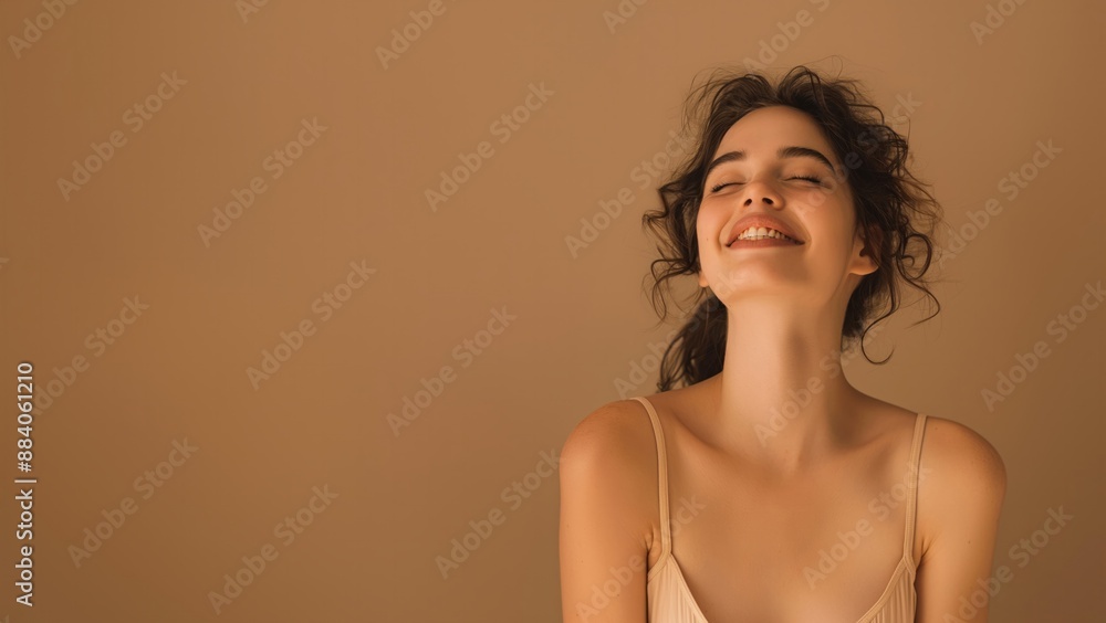 A woman with closed eyes and a relaxed expression, enjoying a moment of serenity against a beige background, perfect for themes of calm and mindfulness. A woman with closed eyes and a relaxed expression, enjoying a moment of serenity against a beige background, perfect for themes of calm and mindfulness.