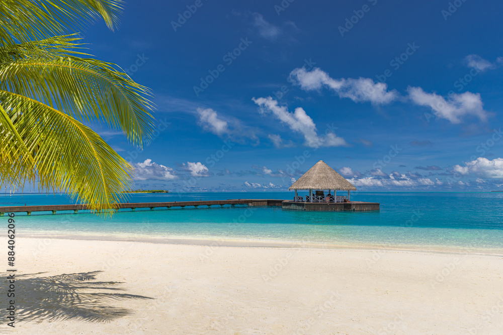 Obraz premium Beautiful panoramic exotic coast. Luxury hotel with water villa pier palm tree leaves over white sand, close to blue sea, seascape. Best summer vacation tourism, beachfront resort on tropical island