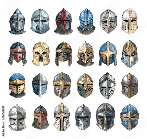 Knights Helmets Set Low Detailed Watercolour Line Sketch Crisp Contours White Background Illustration Armor Medieval Weaponry Minimalist Flat Design Decorative Elements Sketch