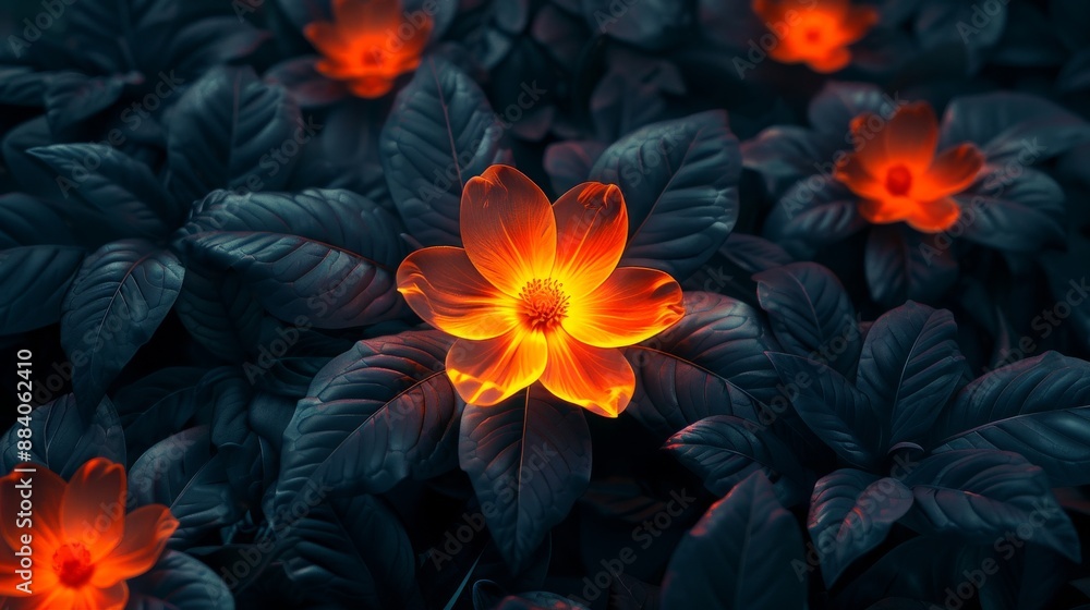 Glowing orange flower in a dark botanical garden Glowing orange flower in a dark botanical garden