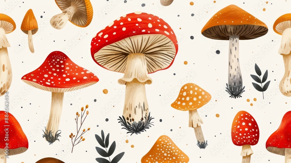 Whimsical Amanita Muscaria Toadstools Seamless Pattern Whimsical Amanita Muscaria Toadstools Seamless Pattern