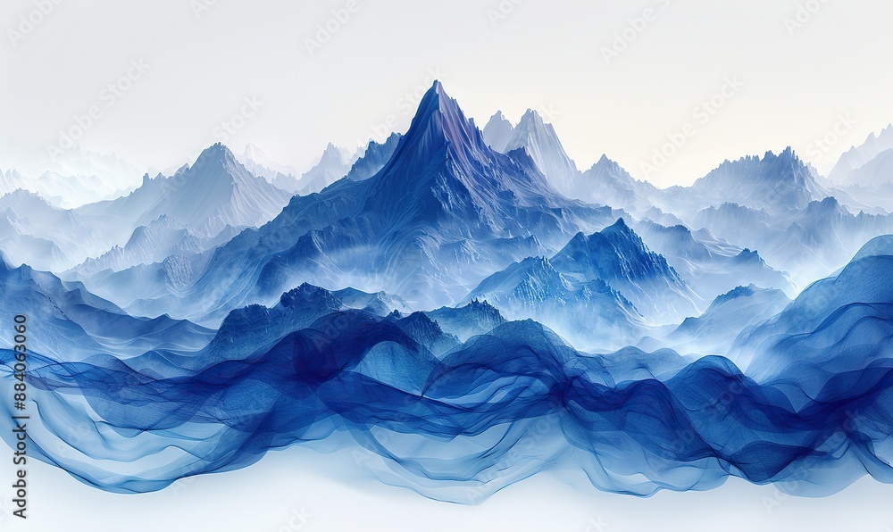 Fototapeta premium The digital image of a blue mountain, with its peak and summit set against a picturesque landscape, merges nature and computer-generated art, creating a stunning artificial intelligence-designed scene