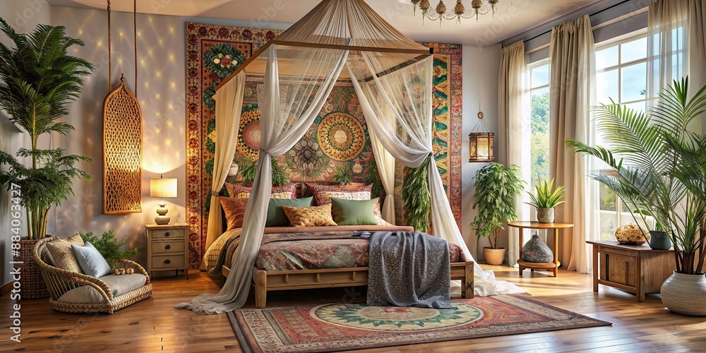 Obraz premium Dreamy bohemian bedroom with canopy bed and eclectic patterns, boho, vibrant, cozy, dreamy, sanctuary, retreat, decor