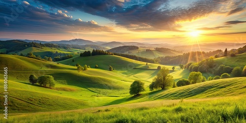 Beautiful summer landscape with green hills and meadow at sunset, summer, landscape, green, hills, meadow, sunset, nature