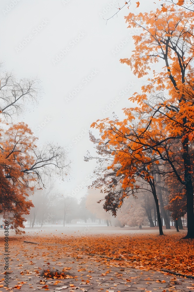 Foggy autumn park with vibrant orange trees. Misty morning scene. Beautiful nature landscape. Fall season concept. Design for wallpaper, banner, backdrop Foggy autumn park with vibrant orange trees. Misty morning scene. Beautiful nature landscape. Fall season concept. Design for wallpaper, banner, backdrop