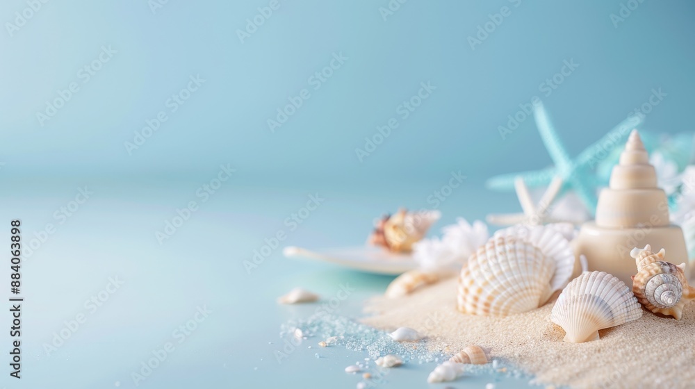 Seashells and starfish on sandy beach under blue sky background, symbolizing summer vacation, relaxation, and tropical getaway. Seashells and starfish on sandy beach under blue sky background, symbolizing summer vacation, relaxation, and tropical getaway.