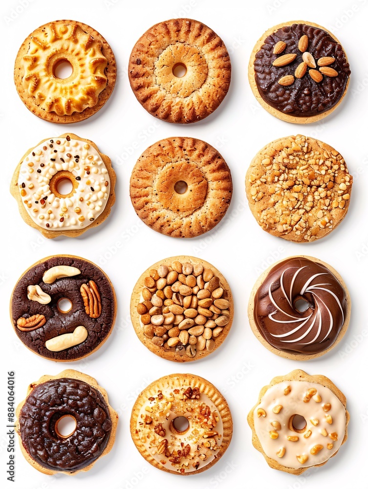 Assortment of circular cookies, traditional and nut variety, on a blank white background. Various unique patterns available for art design mockups. Assortment of circular cookies, traditional and nut variety, on a blank white background. Various unique patterns available for art design mockups.