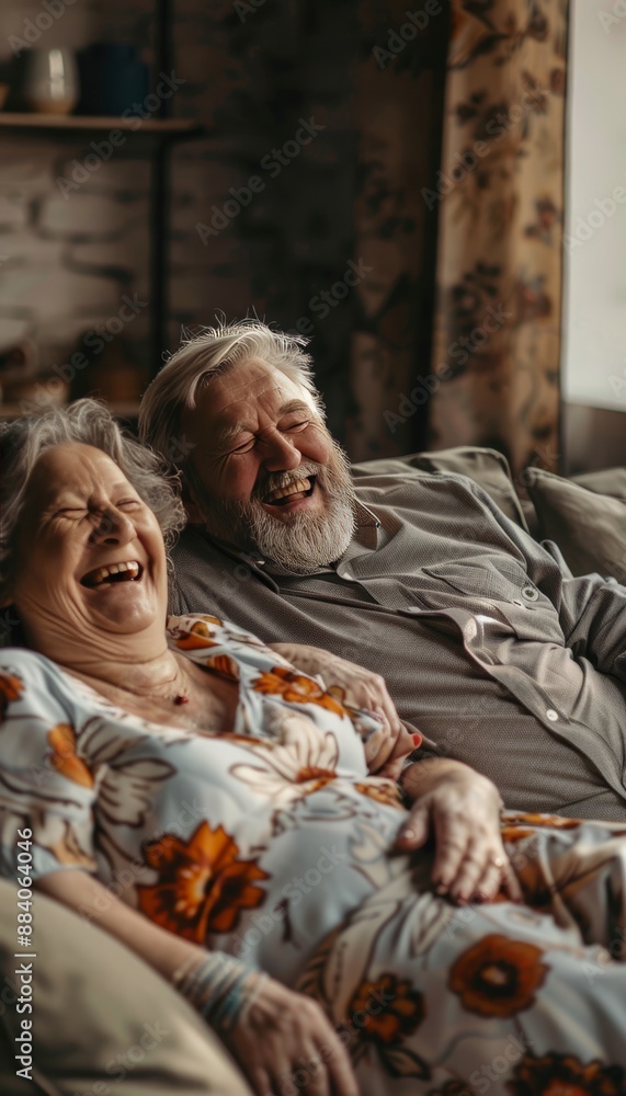Joyful elderly couple bonding in cozy home, sharing laughter and conversation during retirement Joyful elderly couple bonding in cozy home, sharing laughter and conversation during retirement