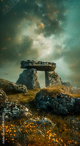 Enchanting night sky over ancient stone structure in a field illuminated with magical lights and surrounded by wildflowers. photo