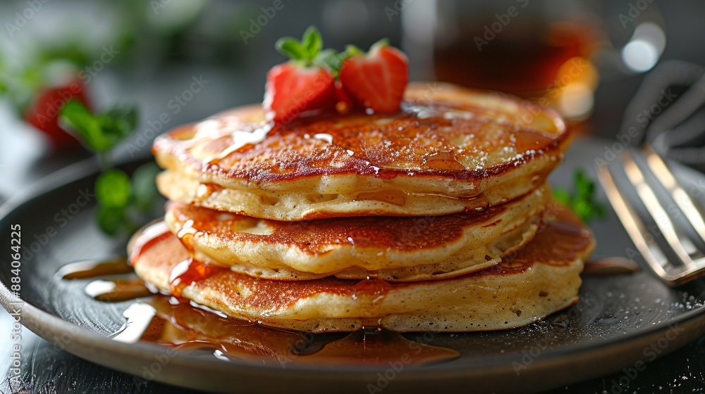 Savor a delectable morning meal of pan-fried flapjacks on a pristine plate. Savor a delectable morning meal of pan-fried flapjacks on a pristine plate.
