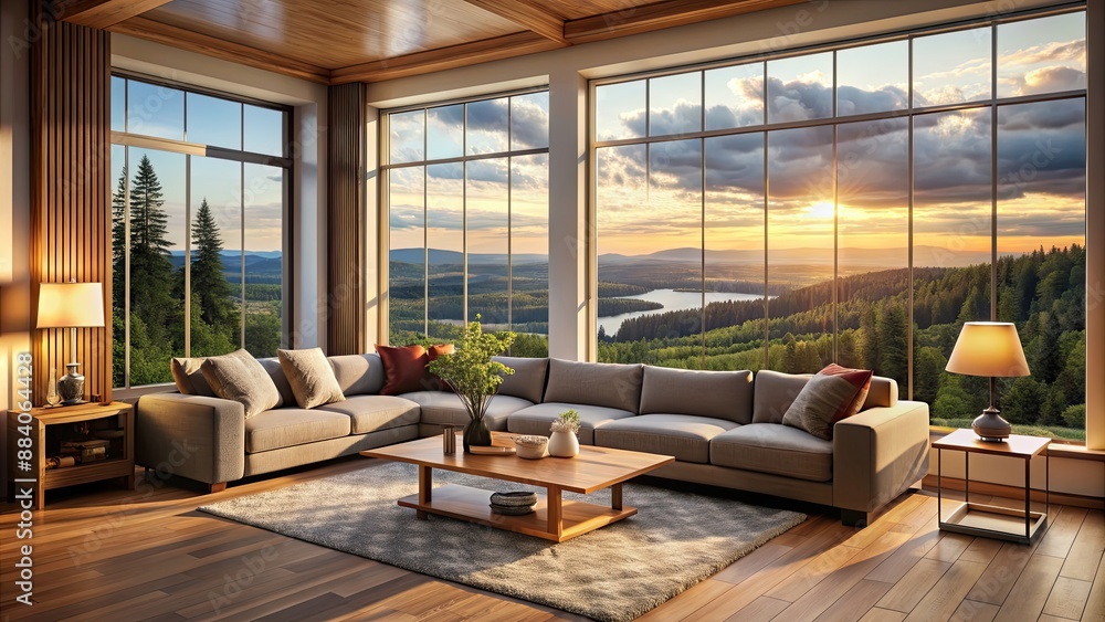 Cozy living room with a large window overlooking a scenic view, cozy, living room, home decor, interior design Cozy living room with a large window overlooking a scenic view, cozy, living room, home decor, interior design