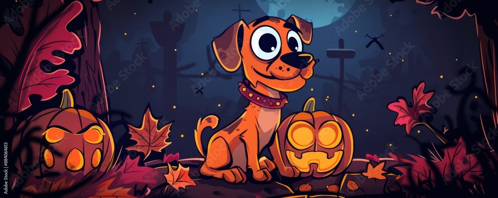 A cute animated dog sits between two jack-o-lanterns in a spooky Halloween-themed scene with autumn leaves and a dark, eerie background. A cute animated dog sits between two jack-o-lanterns in a spooky Halloween-themed scene with autumn leaves and a dark, eerie background.