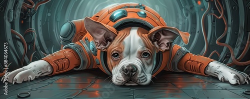 A cute dog wearing a futuristic orange spacesuit lies down in a high-tech sci-fi setting with a tunnel background. photo