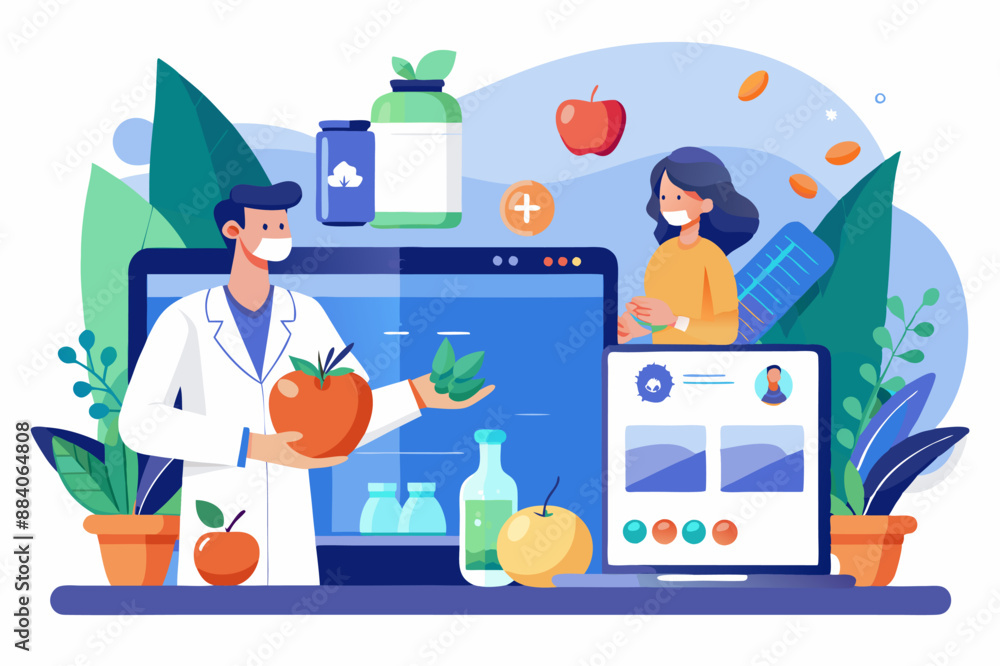 In the image, a doctor is seen presenting an apple in front of a laptop screen In the image, a doctor is seen presenting an apple in front of a laptop screen