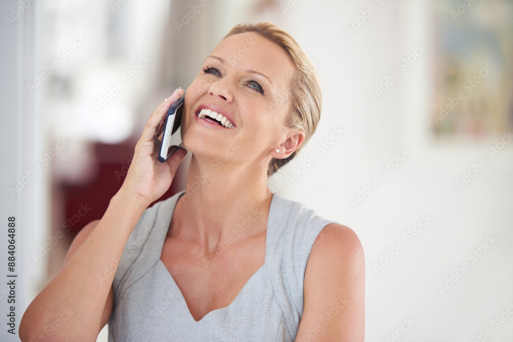 Happy, business and woman with phone call in office for discussion, positive feedback and online negotiation. Smile, female person and mobile for contact, conversation and networking at workplace Happy, business and woman with phone call in office for discussion, positive feedback and online negotiation. Smile, female person and mobile for contact, conversation and networking at workplace