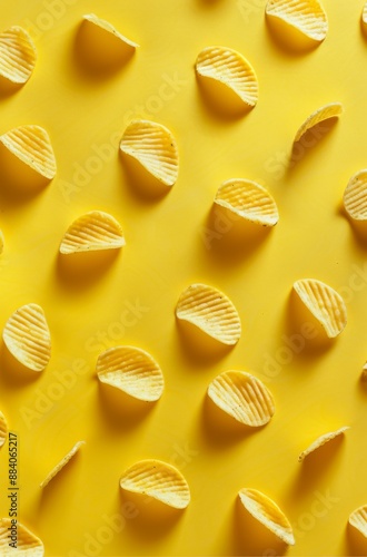 A pattern of potato chips scattered in an aesthetically pleasing composition against a vibrant yellow background photo