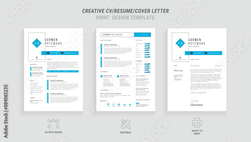 Professional Resume and Cover Letter Template Set: Clean Minimalist Design with Turquoise and Blue Border, Perfect for Job Applications, Includes Resume Layout and Letterhead Design pack