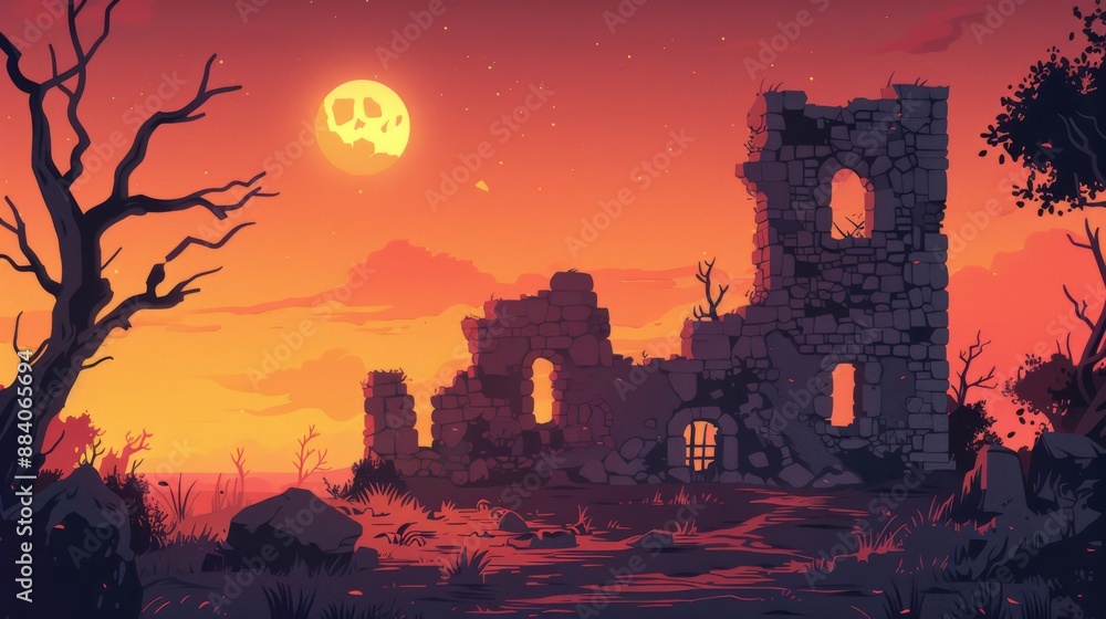 Mysterious ruins of an ancient castle bathed in the light of a full moon Mysterious ruins of an ancient castle bathed in the light of a full moon