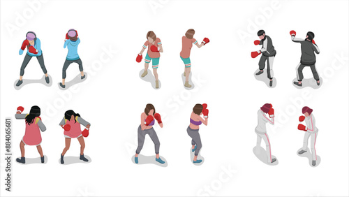 isometric set of woman people practice boxing and punching pose activity