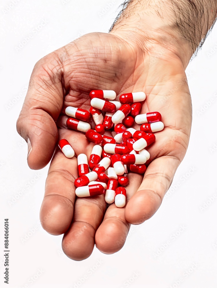 A man's hand displays crimson and ivory tablets on a white background. A man's hand displays crimson and ivory tablets on a white background.