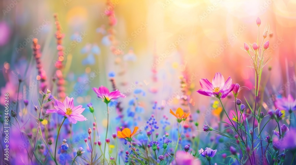 Sunset wildflower meadow vibrant landscape with purple and pink flowers in soft pastel hues Sunset wildflower meadow vibrant landscape with purple and pink flowers in soft pastel hues
