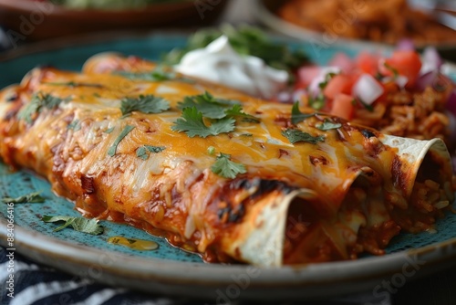 A vibrant plate of chicken enchiladas topped with melted cheese, garnished with fresh cilantro and a drizzle of sour cream, served with a side of Mexican rice and refried beans.