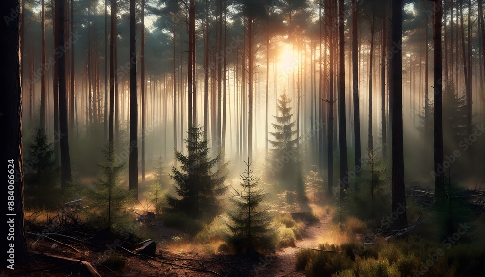 Misty Morning in Pine Forest