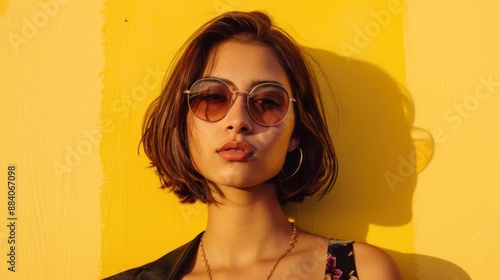 Woman wearing sunglasses in sunshine against yellow wall for fashion and beauty concept