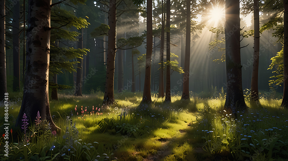 Obraz premium A tranquil forest scene with sunlight filtering through tall, majestic trees onto a carpet of wildflowers with copy space
