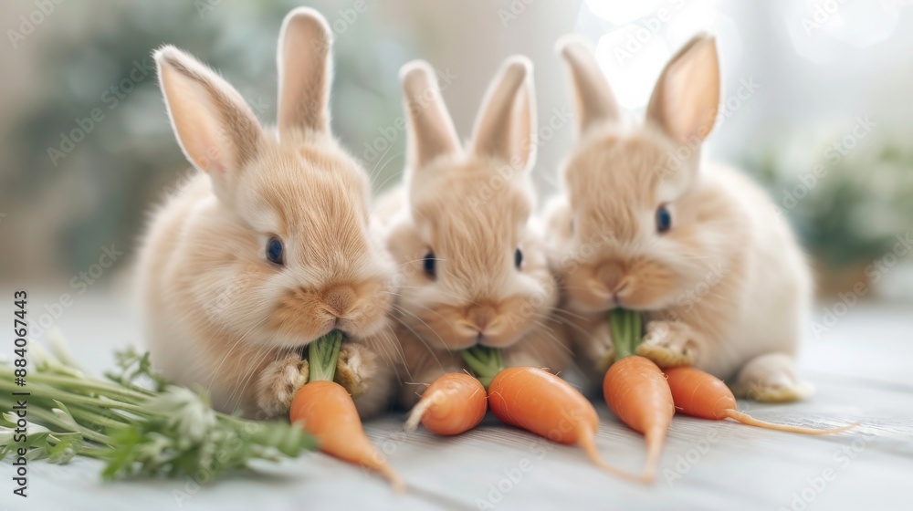 Obraz premium Three adorable baby rabbits enjoying fresh carrots in a bright, natural setting. A perfect image for themes of nature, cuteness, and pets.