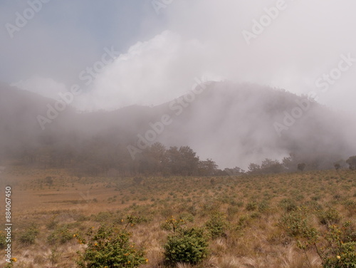 A foggy day with a mountain in the background