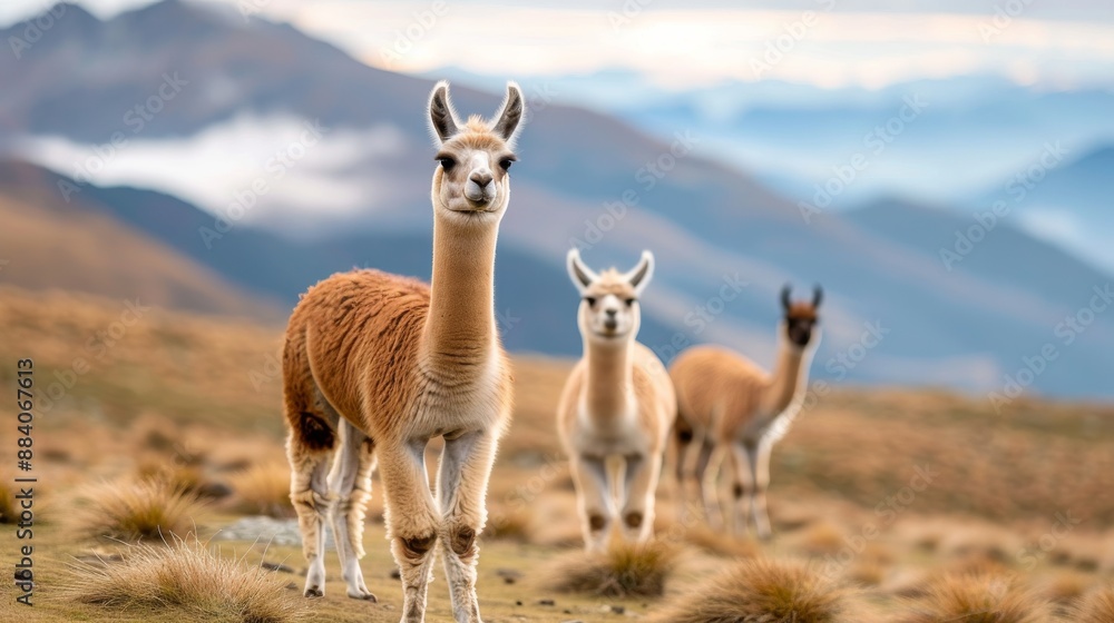 Three llamas standing in a scenic mountain landscape with mist and rolling hills in the background, showcasing natural beauty and wildlife. Three llamas standing in a scenic mountain landscape with mist and rolling hills in the background, showcasing natural beauty and wildlife.
