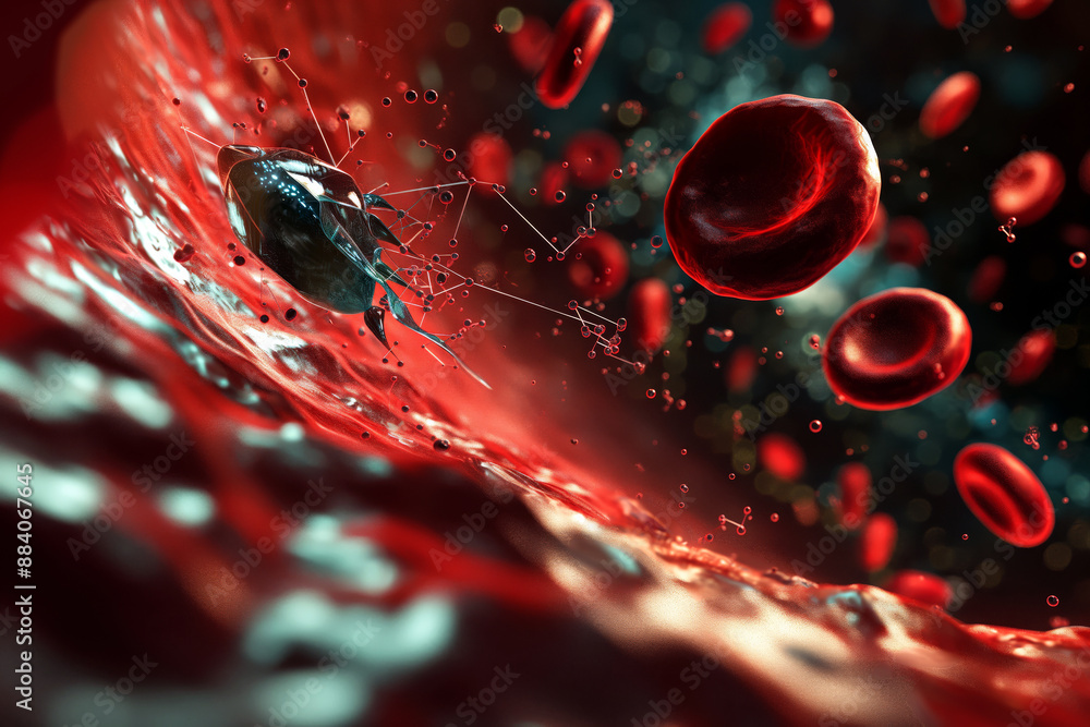 A futuristic scene depicting a swarm of tiny nanorobots inside a human ...