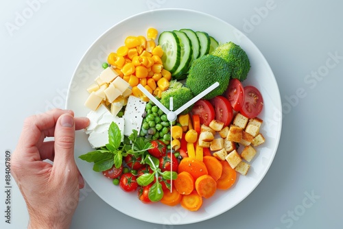 Conceptual image of healthy nutrition and diet plan with clock made of vegetables and cheese