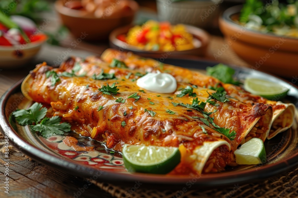 A vibrant plate of chicken enchiladas topped with melted cheese, garnished with fresh cilantro and a drizzle of sour cream, served with a side of Mexican rice and refried beans. A vibrant plate of chicken enchiladas topped with melted cheese, garnished with fresh cilantro and a drizzle of sour cream, served with a side of Mexican rice and refried beans.