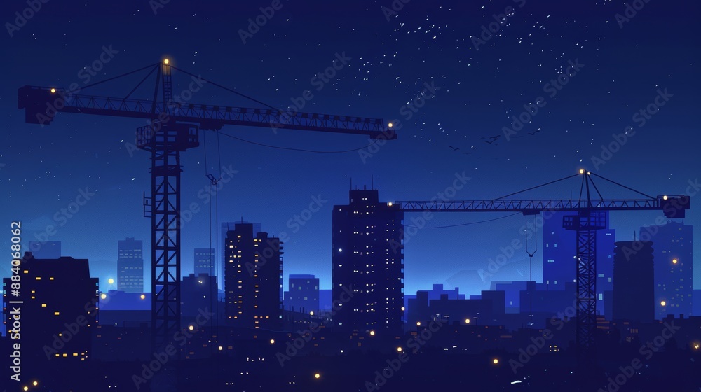 Nighttime tower cranes in new city building sites against dark sky, real estate development Nighttime tower cranes in new city building sites against dark sky, real estate development
