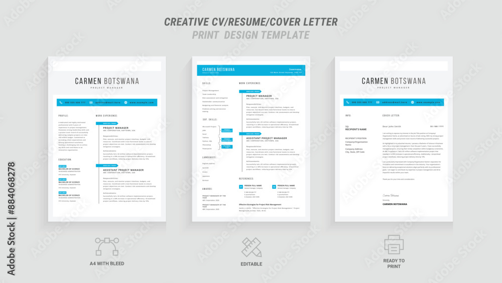 Professional Resume and Cover Letter Template Set: Clean Minimalist Design with Turquoise and Blue Border, Perfect for Job Applications, Includes Resume Layout and Letterhead Design pack Professional Resume and Cover Letter Template Set: Clean Minimalist Design with Turquoise and Blue Border, Perfect for Job Applications, Includes Resume Layout and Letterhead Design pack