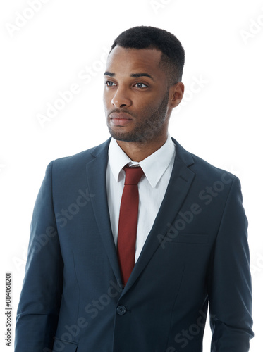 Planning, business attorney and black man with consultant in studio on white background. Professional lawyer, thinking and confident employee, legal advocate or African advisor in law firm for career