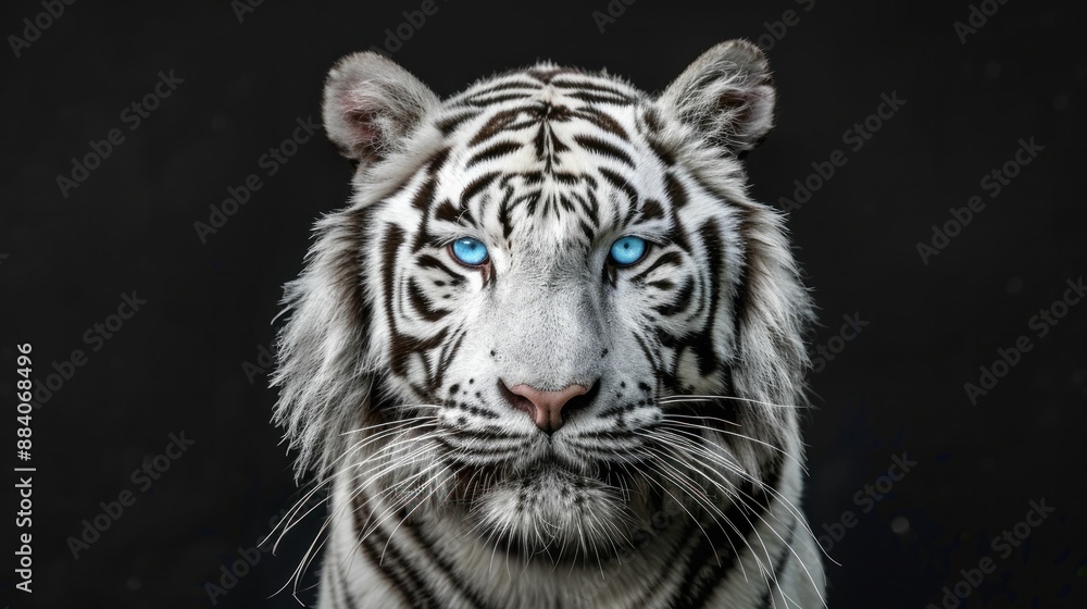 Majestic white tiger with blue eyes on mysterious black background for wildlife and animal theme inspiration Majestic white tiger with blue eyes on mysterious black background for wildlife and animal theme inspiration