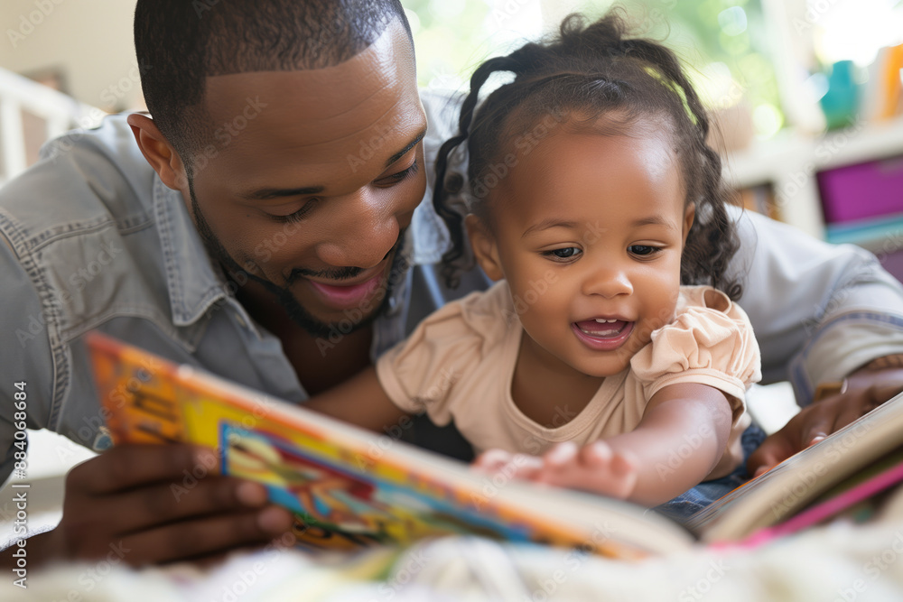 Obraz premium A loving father shares a joyful moment reading a book with his delighted young daughter, fostering family bonds and early learning
