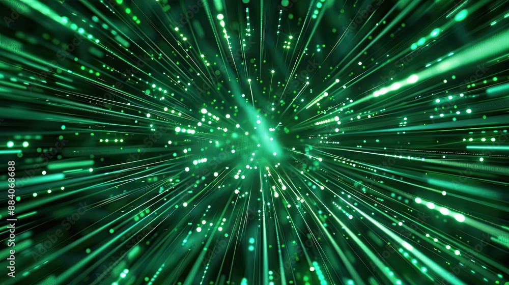 Naklejka premium green neon light streaks radiating from the center technology big data and bots