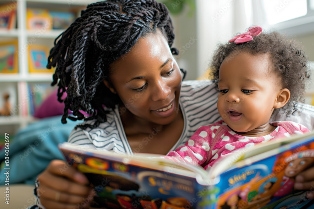 African american mother and little daughter enjoying a book reading together at home. Shallow depth of field African american mother and little daughter enjoying a book reading together at home. Shallow depth of field