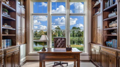 A sophisticated home office with a walnut desk, leather executive chair, built-in bookshelves, and a large window with a view of a serene landscape.