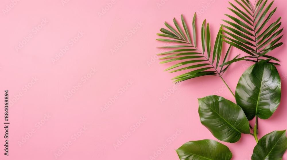 Tropical palm leaves on a pink background. Minimalistic design with copy space. Perfect for summer or botanical themes. Tropical palm leaves on a pink background. Minimalistic design with copy space. Perfect for summer or botanical themes.