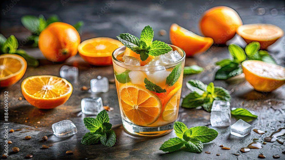 Refreshing cold cocktail with oranges, crushed ice, and mint leaves , cocktail, cold drink, orange, crushed ice, mint Refreshing cold cocktail with oranges, crushed ice, and mint leaves , cocktail, cold drink, orange, crushed ice, mint