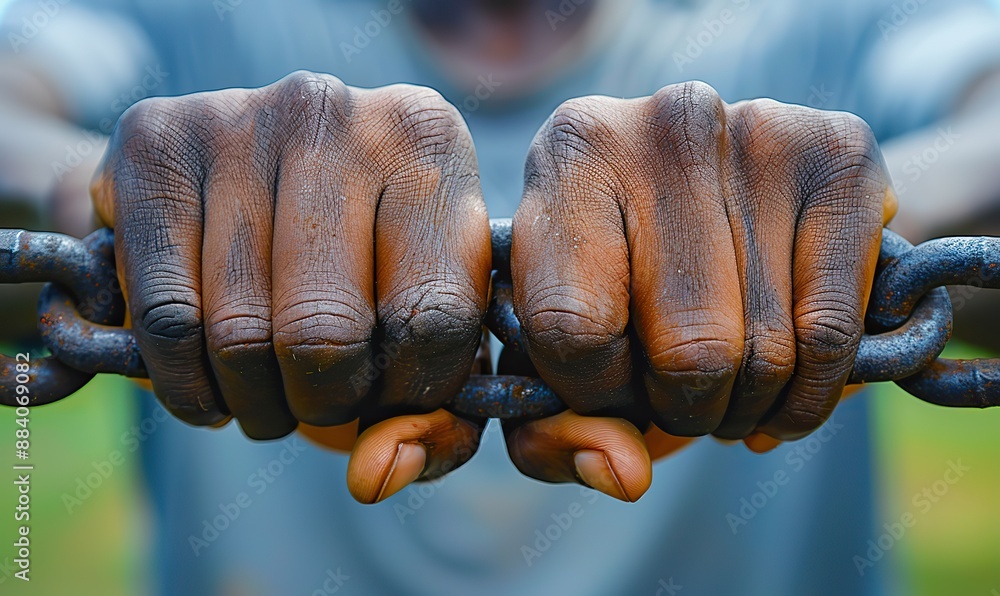 Obraz premium Breaking the chains, hands reach towards freedom.