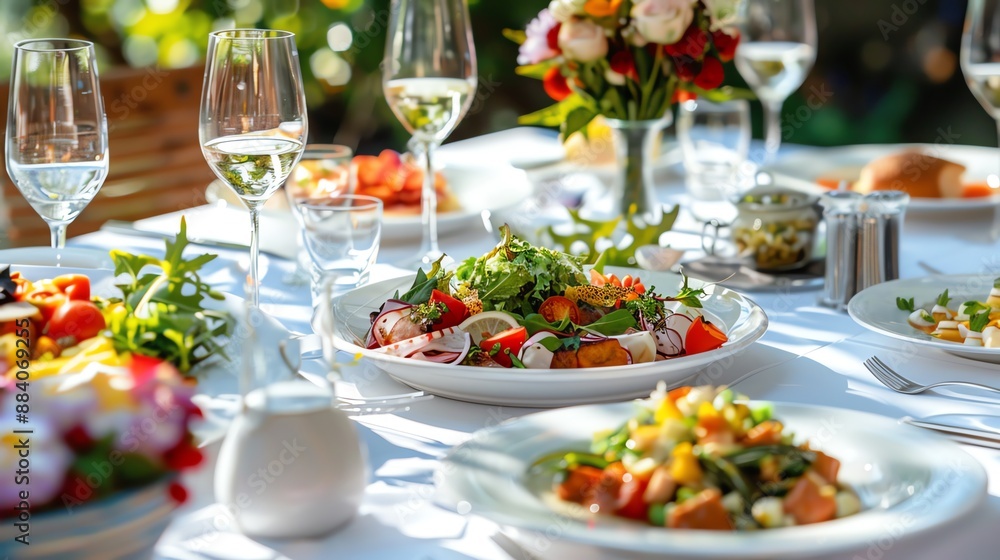 Elegant outdoor dining setup with gourmet dishes fresh salads wine glasses and vibrant flowers perfect for a summer celebration. Elegant outdoor dining setup with gourmet dishes fresh salads wine glasses and vibrant flowers perfect for a summer celebration.